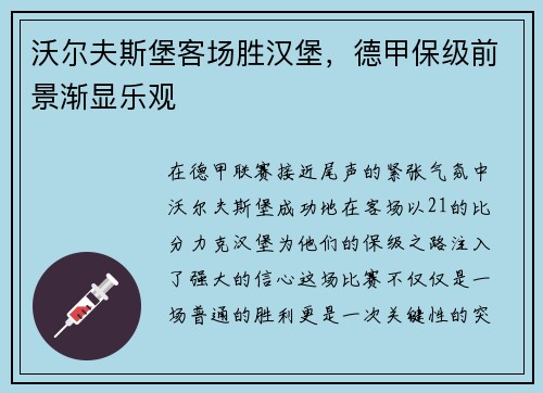 沃尔夫斯堡客场胜汉堡，德甲保级前景渐显乐观